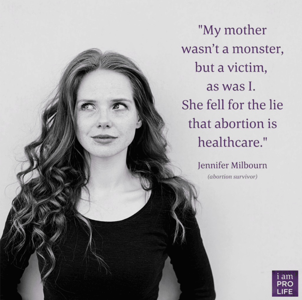 Jennifer Melborn, "My mother was a victim as was I. She fell for the lie that abortion is healthcare."" quote about sex trafficking and abortion.