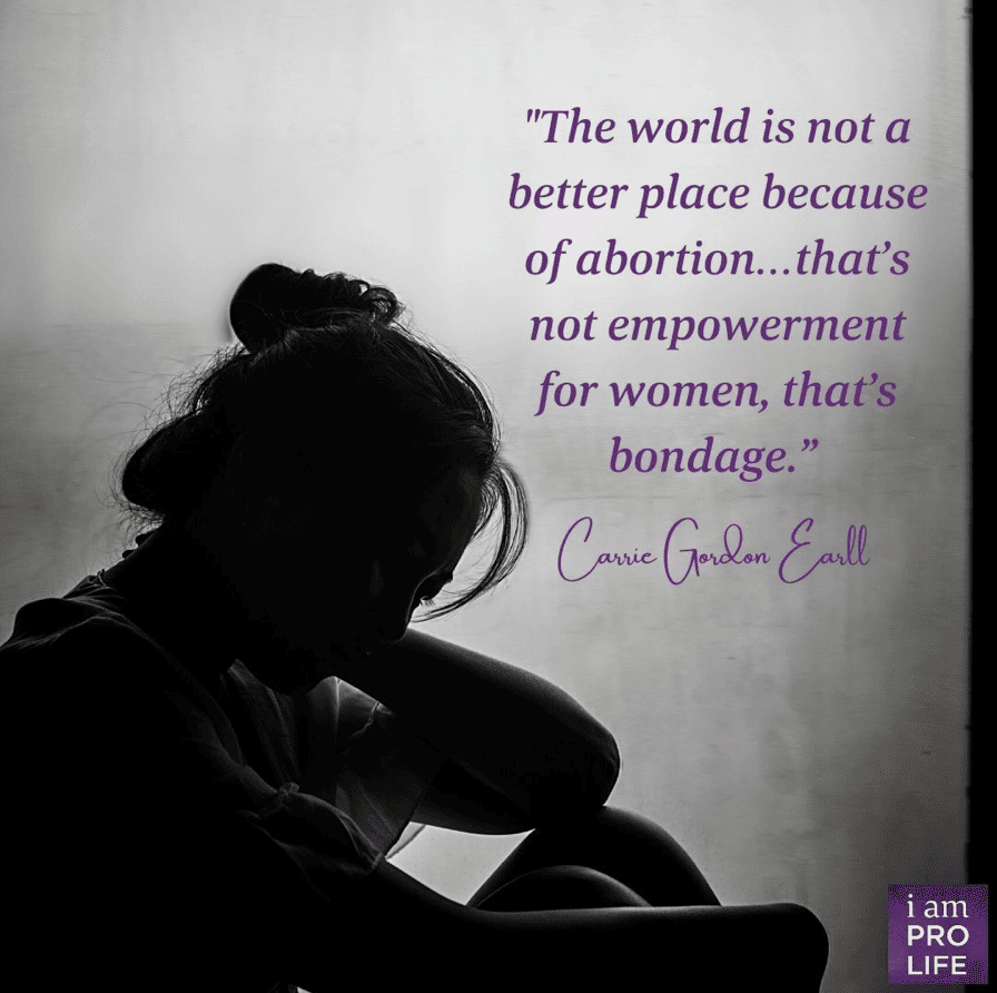 A dark shadowy woman sits alone under the quote, "The world is not a better place because of abortion."