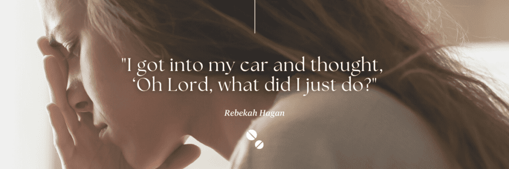 A woman covered her face behind the Rebekah Hagan Abortion pill story quote.