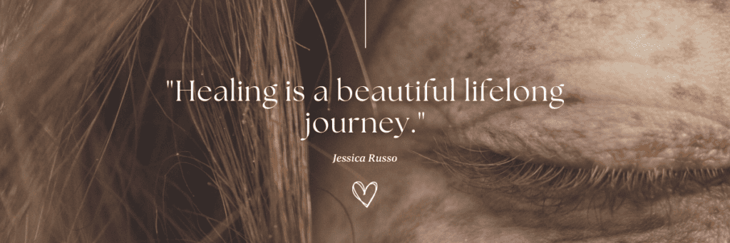 A woman with closed eyes behind a quote that the healing journey is beautiful and life-long after an abortion story.