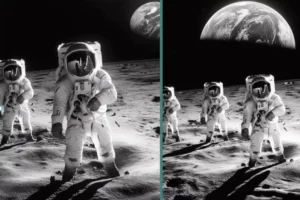 A black-and-white AI-generated image of astronauts walking on the Moon with Earth visible in the background. The image is split into two versions, showing subtle differences in lighting and composition.